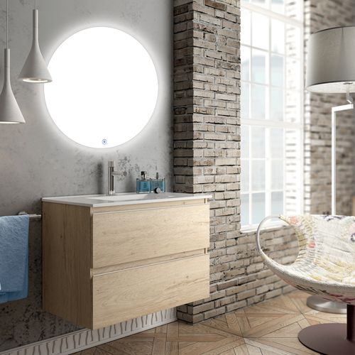 Meuble De Salle De Bain Simple Vasque - Balea Et Miroir Rond LED Solen - Bambou (chêne Clair) - 60cm