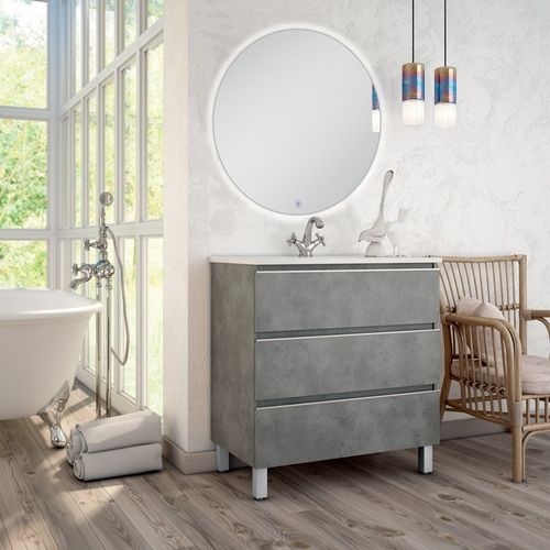 Meuble De Salle De Bain Simple Vasque - Palma Et Miroir Rond LED Solen - Ciment (gris) - 80cm