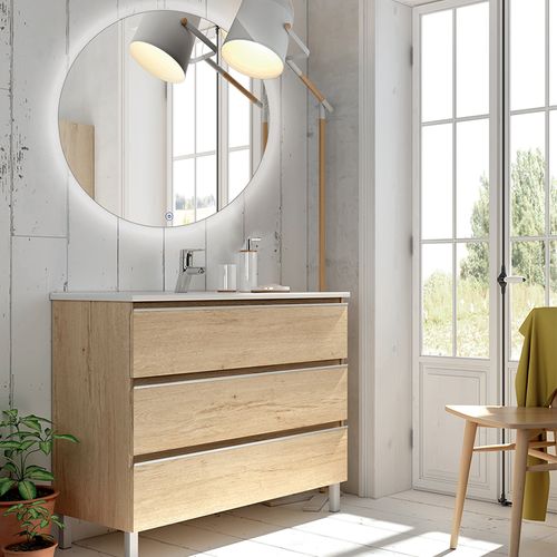 Meuble De Salle De Bain Simple Vasque - Palma Et Miroir Rond LED Solen - Bambou (chêne Clair) - 80cm