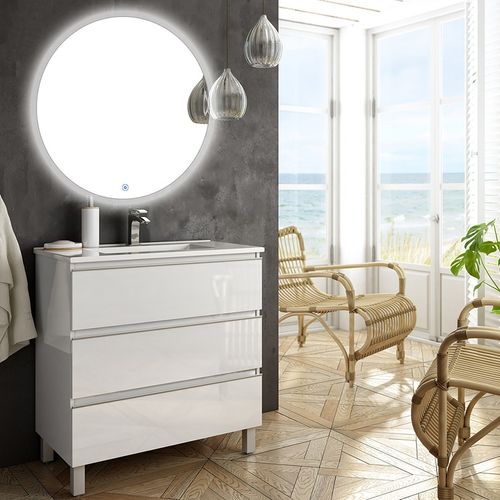 Meuble De Salle De Bain Simple Vasque - Palma Et Miroir Rond LED Solen - Blanc - 70cm