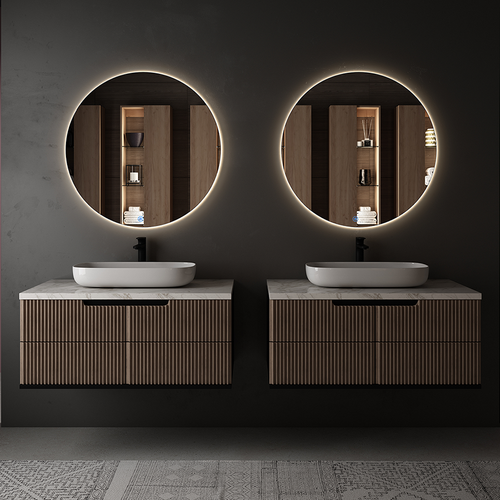 Meuble De Salle De Bain Simple Vasque - Palma Et Miroir Rond LED Solen - Blanc - 60cm
