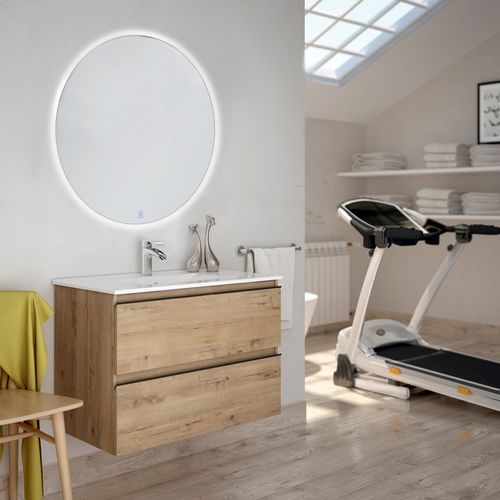 Meuble De Salle De Bain Simple Vasque - Toura Et Miroir Rond LED Solen - Roble (chêne Clair) - 80cm