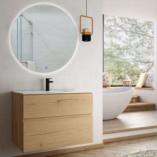Meuble De Salle De Bain Simple Vasque - Mig Et Miroir Rond LED Solen - Roble (chêne Clair)  - 60cm