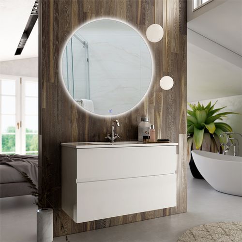 Meuble De Salle De Bain Simple Vasque - Mig Et Miroir Rond LED Solen - Blanc - 80cm