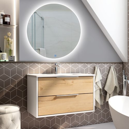 Meuble De Salle De Bain Simple Vasque - Alba Et Miroir Rond Solen - Blanc -80cm
