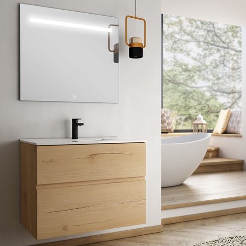 Meuble De Salle De Bain Simple Vasque - Mig Et Miroir LED Stam - Roble (chêne Clair) - 100cm