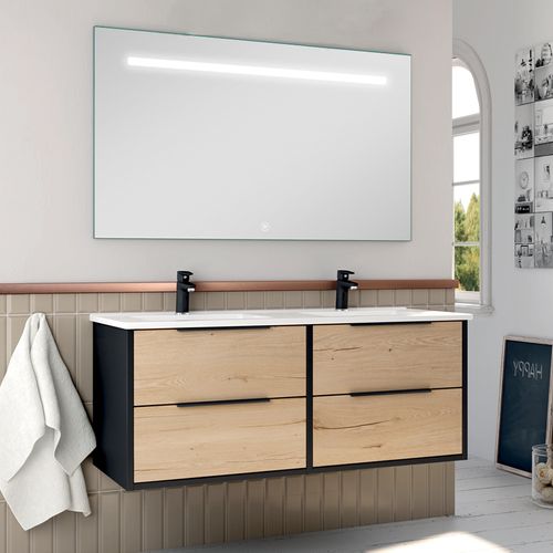 Meuble De Salle De Bain Double Vasque - Alba Et Miroir LED Stam - Noir-chêne - 120cm