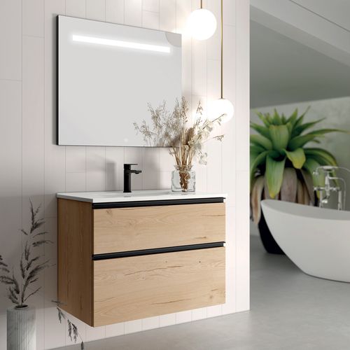 Meuble De Salle De Bain Simple Vasque - 2 Tiroirs - Crema Et Miroir LED Stam - 80cm