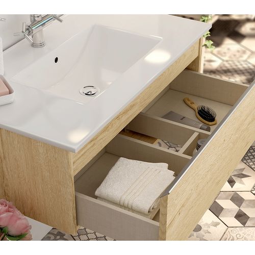 Meuble De Salle De Bain Simple Vasque - Pena Et Miroir LED Stam - Bambou (chêne Clair) - 80cm