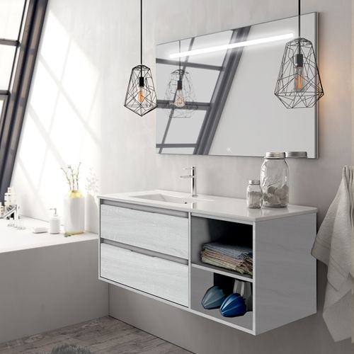 Meuble De Salle De Bain Vasque Déportée Olympe + Miroir LED Stam - Hibernian (bois Blanchi) - 120cm