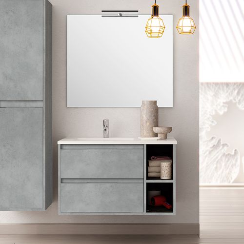 Meuble De Salle De Bain Vasque Déportée 2 Tiroirs Olympe Et Miroir LED Veldi - Ciment (gris) - 80cm