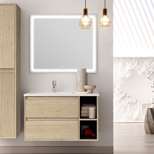 Meuble De Salle De Bain Vasque Déportée - Olympe Et Miroir LED Veldi - Cambrian (chêne) - 80cm