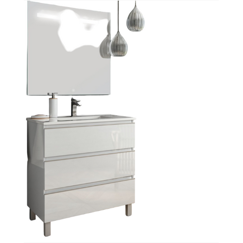 Meuble De Salle De Bain Simple Vasque - Palma Et Miroir LED Stam - Blanc - 80cm