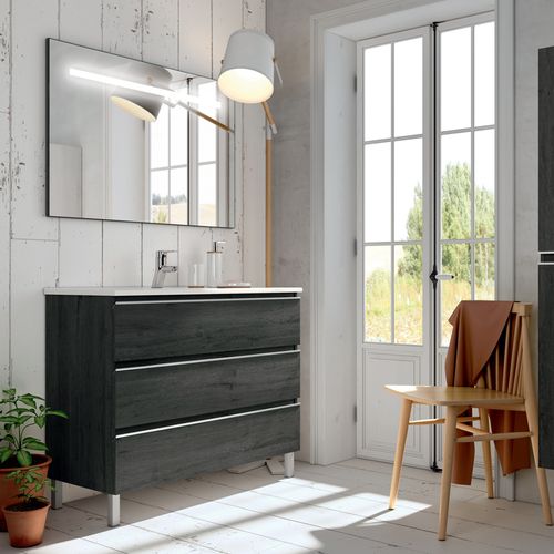 Meuble De Salle De Bain Simple Vasque - Palma Et Miroir LED Stam - Ebony (bois Noir) - 70cm