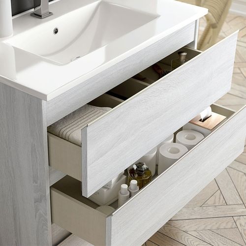 Meuble De Salle De Bain Simple Vasque - Palma Et Miroir LED Stam - Hibernian (bois Blanchi) - 60cm