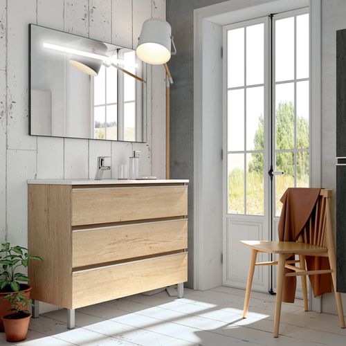 Meuble De Salle De Bain Simple Vasque - Palma Et Miroir LED Stam - Bambou (chêne Clair) - 60cm