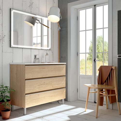 Meuble De Salle De Bain Simple Vasque - Palma Et Miroir LED Veldi - Bambou (chêne Clair) - 100cm