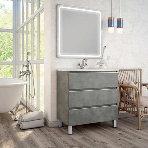 Meuble De Salle De Bain Simple Vasque - Palma Et Miroir LED Veldi - Ciment (gris) - 80cm
