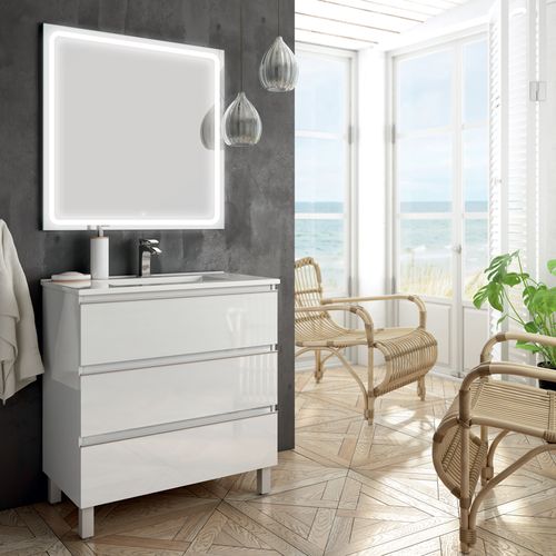 Meuble De Salle De Bain Simple Vasque - Palma Et Miroir LED Veldi - Blanc - 70cm