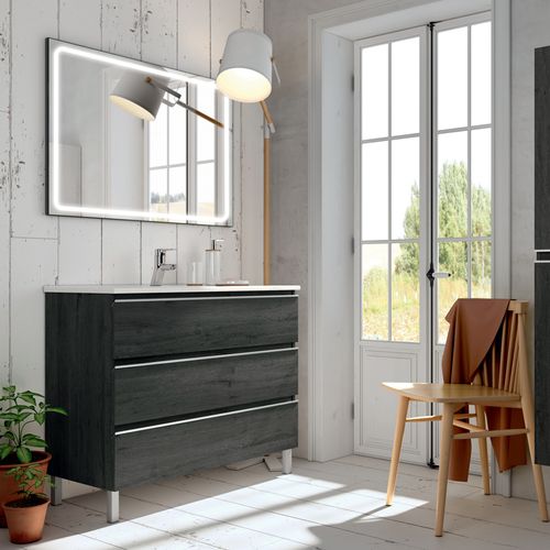 Meuble De Salle De Bain Simple Vasque - Palma Et Miroir LED Veldi - Ebony (bois Noir) - 60cm