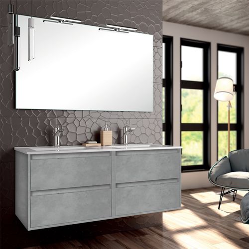 Meuble De Salle De Bain Double Vasque - 4 Tiroirs - Iris Et Miroir LED Stam - Ciment (gris) - 120cm