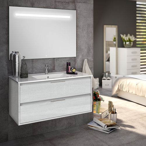 Meuble De Salle De Bain Simple Vasque - Iris Et Miroir LED Stam - Hibernian (bois Blanchi) - 100cm