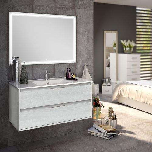 Meuble De Salle De Bain Simple Vasque - Iris Et Miroir LED Veldi - Hibernian (bois Blanchi) - 100cm