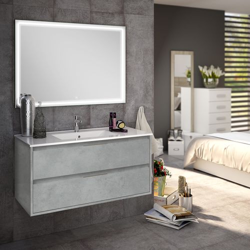 Meuble De Salle De Bain Simple Vasque - Iris Et Miroir LED Veldi - Ciment (gris) - 100cm