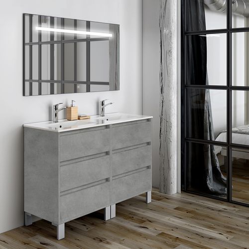 Meuble De Salle De Bain Double Vasque - Tiris 3c Et Miroir LED Stam - Ciment (gris) - 120cm