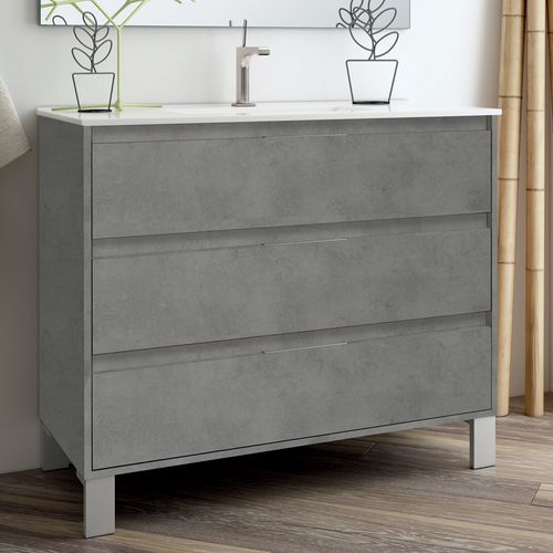 Meuble De Salle De Bain Simple Vasque - Tiris 3c Et Miroir LED Stam - Ciment (gris) - 100cm