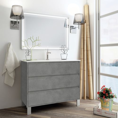 Meuble De Salle De Bain Simple Vasque - Tiris 3c Et Miroir LED Stam - Ciment (gris) - 80cm