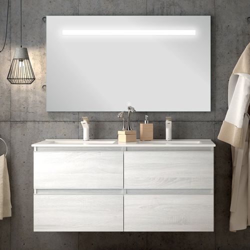 Meuble De Salle De Bain Double Vasque - Balea Et Miroir LED Stam - Hibernian (bois Blanchi) - 120cm
