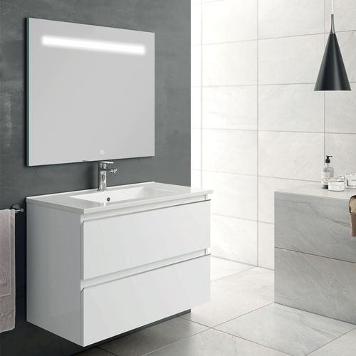Meuble De Salle De Bain Simple Vasque - Balea Et Miroir LED Stam - Blanc - 80cm