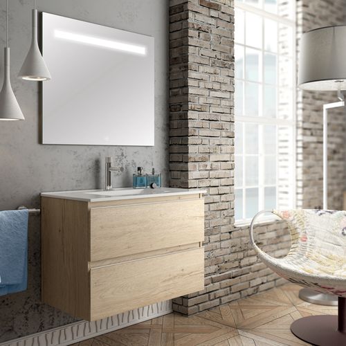 Meuble De Salle De Bain Simple Vasque - Balea Et Miroir LED Stam - Bambou (chêne Clair) - 60cm