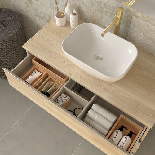 Meuble De Salle De Bain Avec Vasque à Poser Arrondie Palma Et Miroir LED Stam - Chêne Clair- 80cm