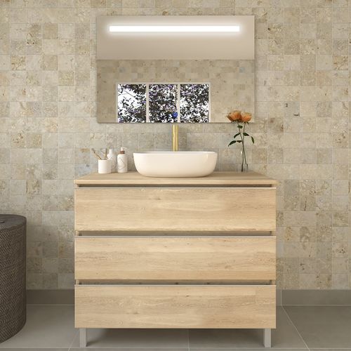 Meuble De Salle De Bain Avec Vasque à Poser Arrondie Palma Et Miroir LED Stam - Chêne Clair- 80cm