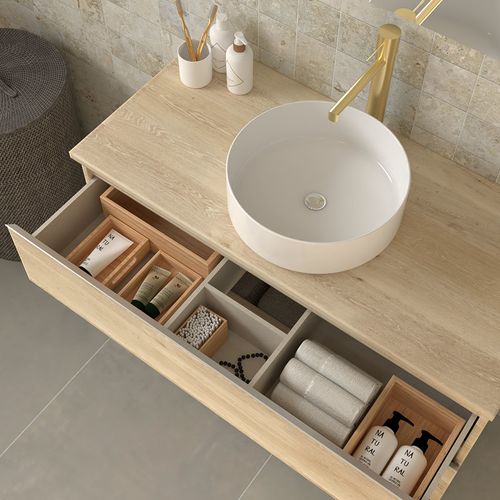 Meuble De Salle De Bain Avec Vasque à Poser Ronde Palma Et Miroir LED Solen - Chêne Clair- 80cm