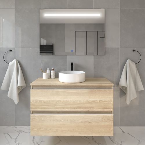 Meuble De Salle De Bain Avec Vasque à Poser Ronde Balea Et Miroir LED Stam - Chêne Clair- 70cm