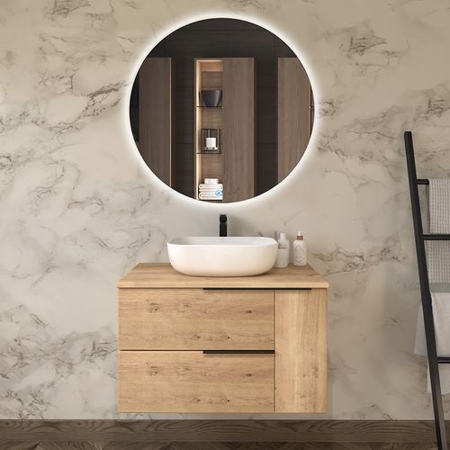 Meuble De Salle De Bain 80cm Avec Vasque à Poser Arrondie King Et Miroir Rond Solen - Chêne Clair