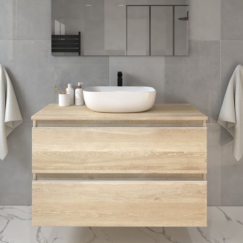 Meuble De Salle De Bain Sans Miroir Avec Vasque à Poser Arrondie Balea - Chêne Clair- 100cm