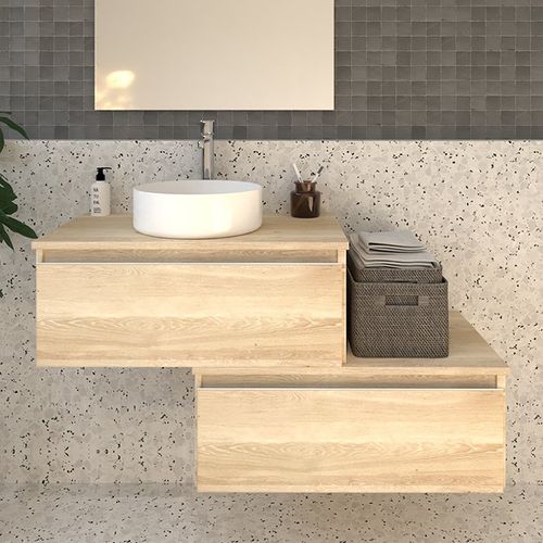 Meuble De Salle De Bain Avec Vasque à Poser Ronde Pena Et Miroir LED Solen - Chêne Clair- 120cm