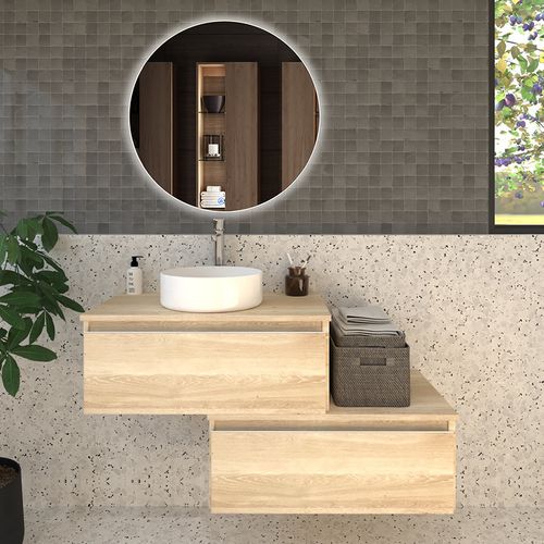 Meuble De Salle De Bain Avec Vasque à Poser Ronde Pena Et Miroir LED Solen - Chêne Clair- 120cm