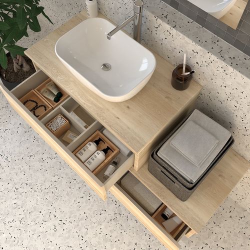 Meuble De Salle De Bain Avec Vasque à Poser Arrondie Pena Et Miroir LED Stam - Chêne Clair- 120cm