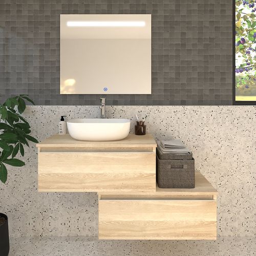 Meuble De Salle De Bain Avec Vasque à Poser Arrondie Pena Et Miroir LED Stam - Chêne Clair- 120cm