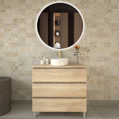 Meuble De Salle De Bain Avec Vasque à Poser Ronde Palma Et Miroir LED Solen - Chêne Clair- 70cm