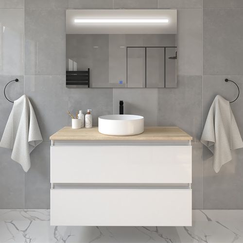 Meuble De Salle De Bain Avec Vasque à Poser Ronde Balea Et Miroir LED Stam - Blanc - 100cm
