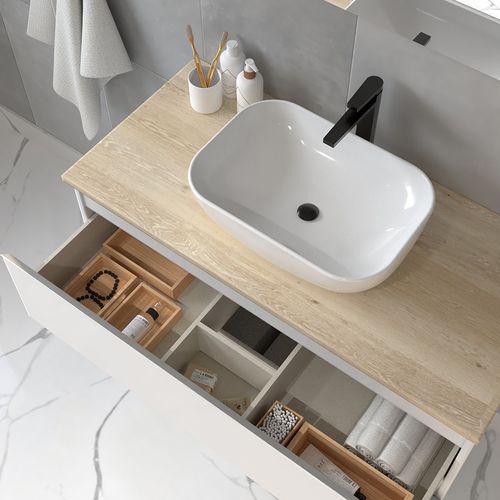 Meuble De Salle De Bain Avec Vasque à Poser Arrondie Balea Et Miroir LED Solen - Blanc - 80cm