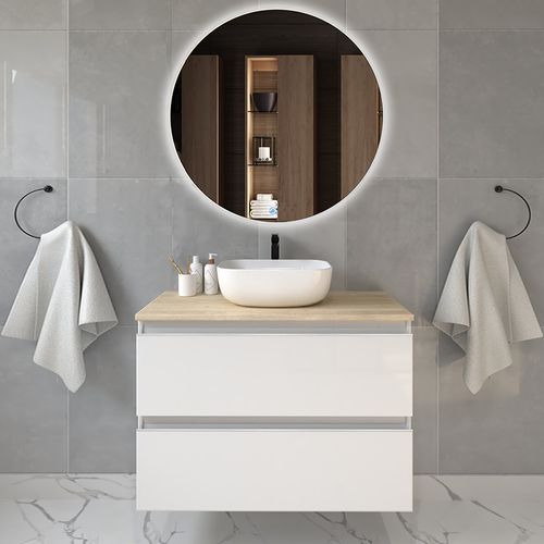 Meuble De Salle De Bain Avec Vasque à Poser Arrondie Balea Et Miroir LED Solen - Blanc - 80cm