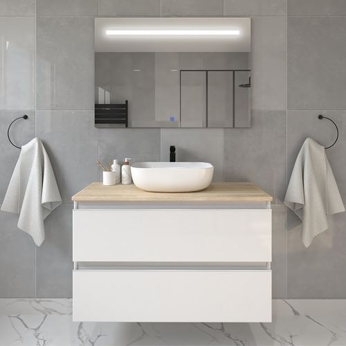 Meuble De Salle De Bain Avec Vasque à Poser Arrondie Balea Et Miroir LED Stam - Blanc - 70cm