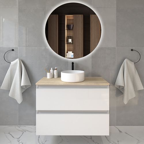 Meuble De Salle De Bain Avec Vasque à Poser Ronde Balea Et Miroir Rond LED Solen - Blanc - 70cm